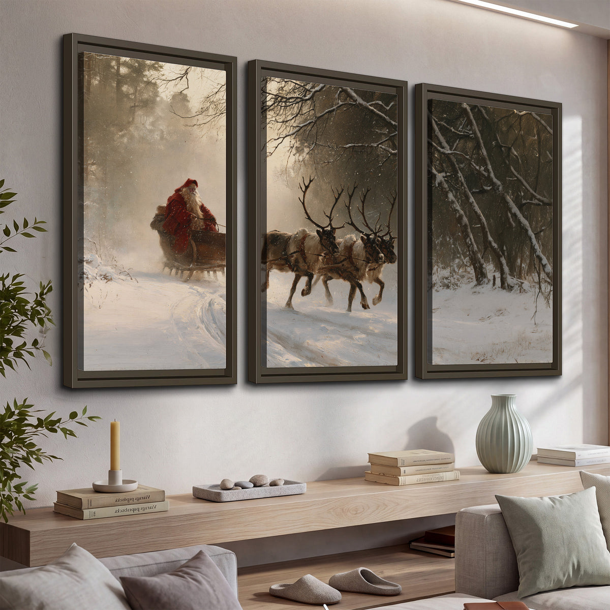 A reindeer team pulling Santa through a quiet snow-covered forest 3 piece framed canvas wall art displayed in a console