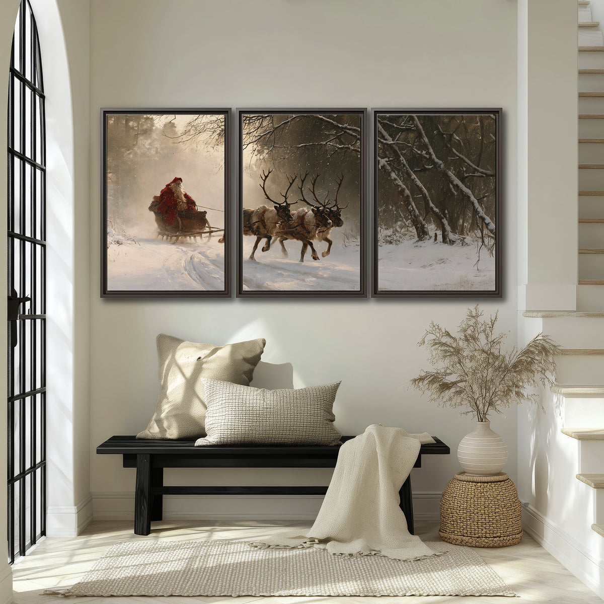 A reindeer team pulling Santa through a quiet snow-covered forest 3 piece framed canvas wall art displayed in a entryway
