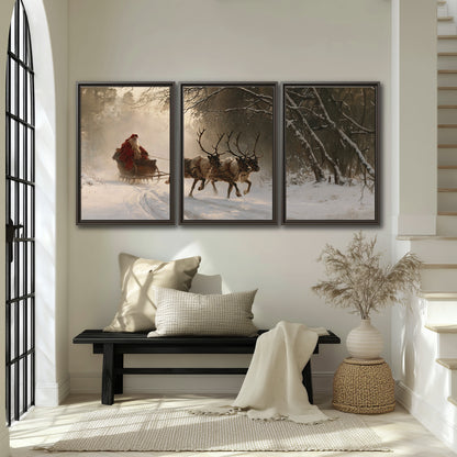 A reindeer team pulling Santa through a quiet snow-covered forest 3 piece framed canvas wall art displayed in a entryway