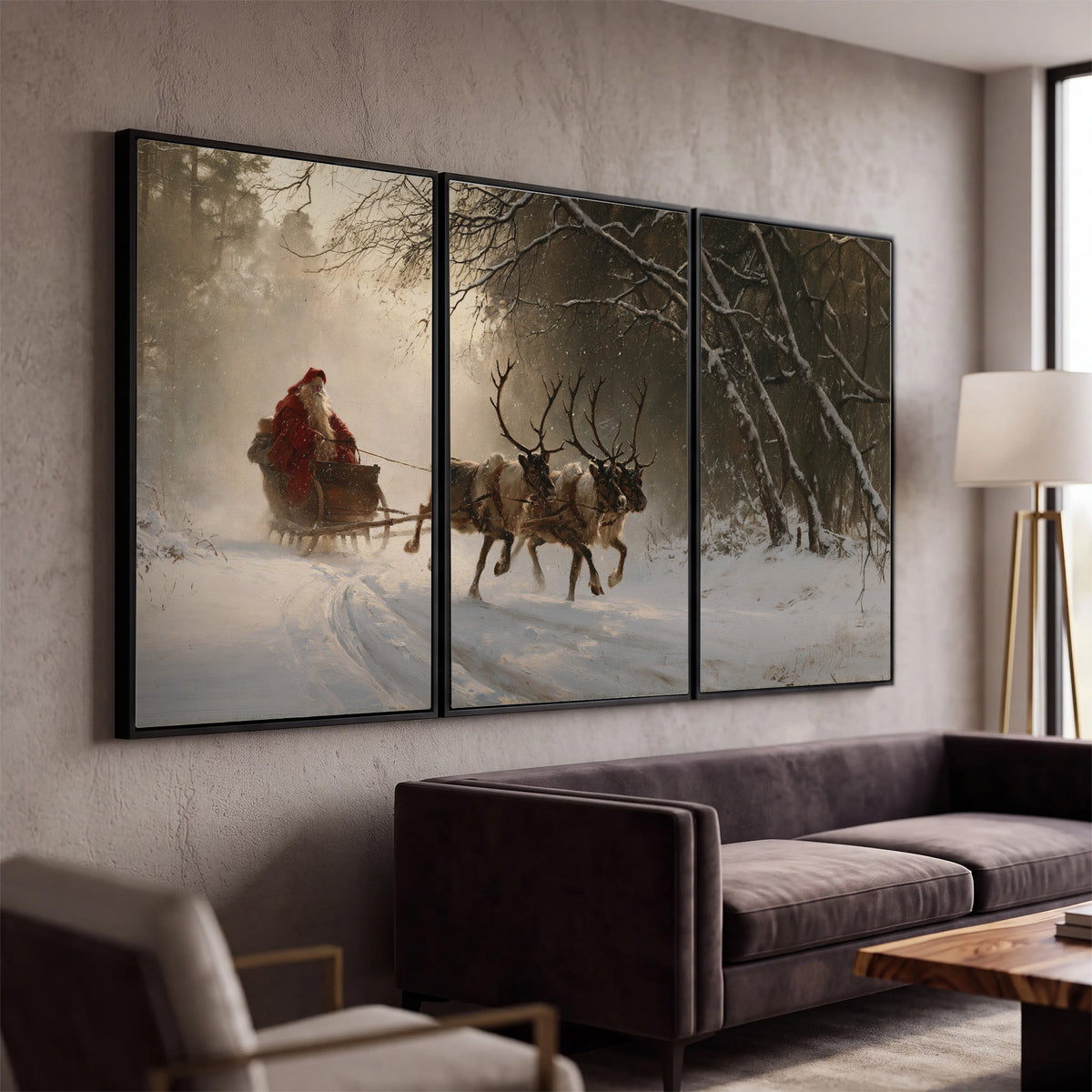 A reindeer team pulling Santa through a quiet snow-covered forest 3 piece framed canvas wall art displayed in a modern living room