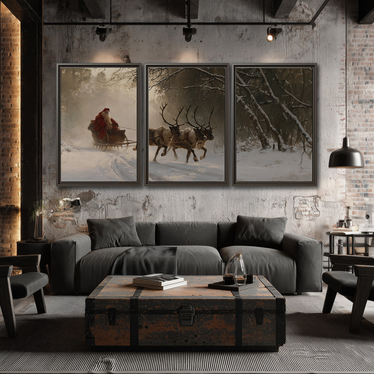 A reindeer team pulling Santa through a quiet snow-covered forest 3 piece framed canvas wall art displayed in a industrial room