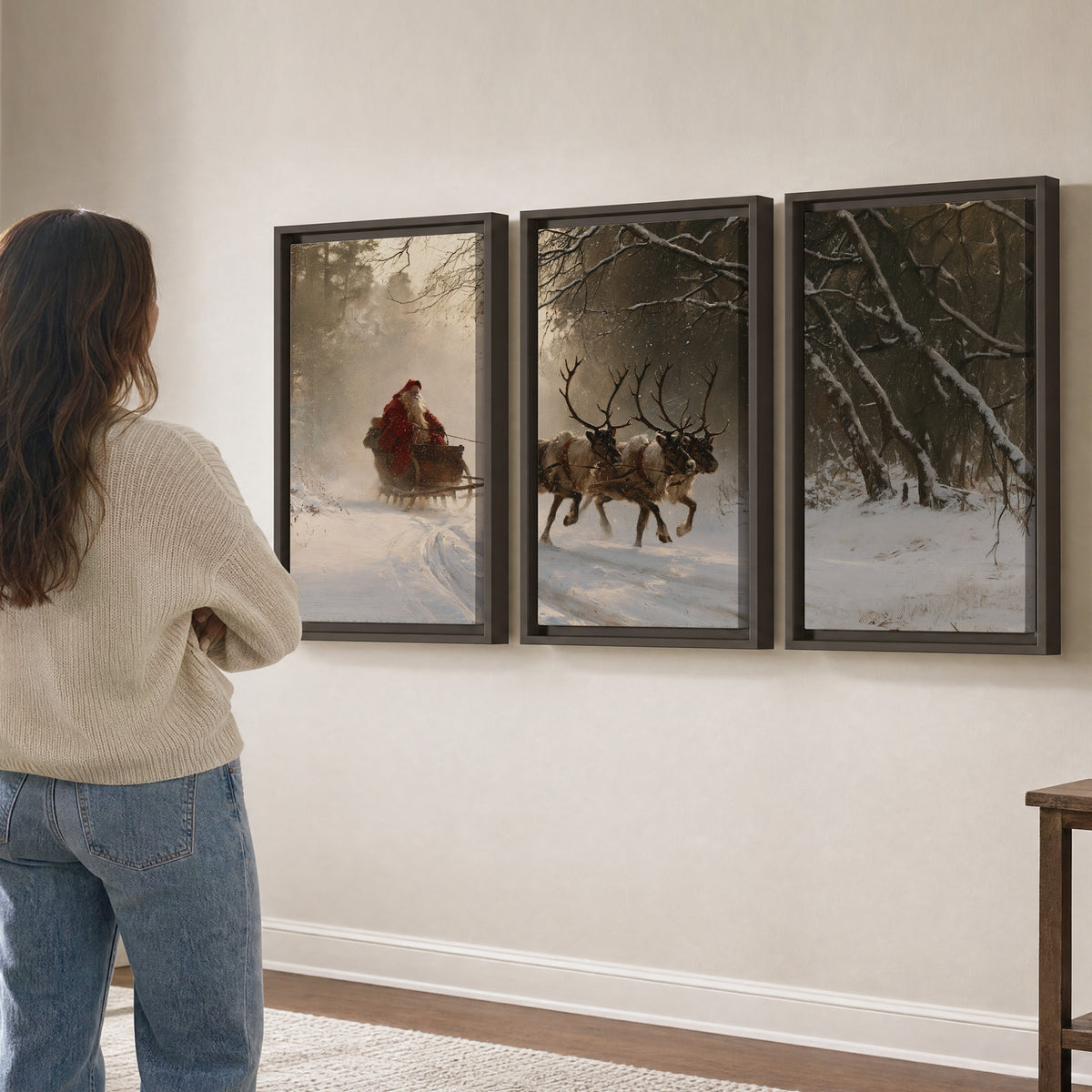 A reindeer team pulling Santa through a quiet snow-covered forest 3 piece framed canvas wall art three panel arrangement on a wall