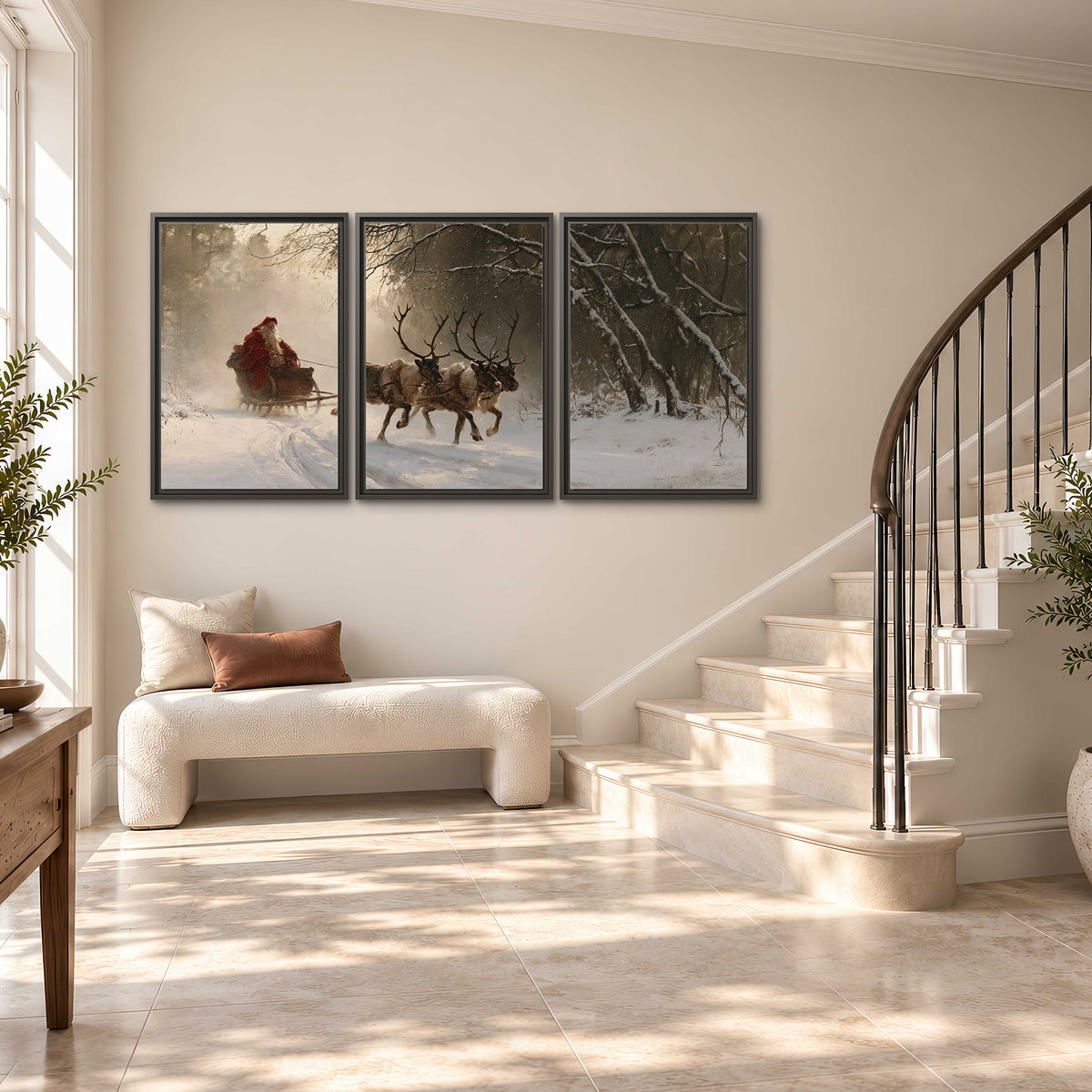 A reindeer team pulling Santa through a quiet snow-covered forest 3 piece framed canvas wall art styled in an interior