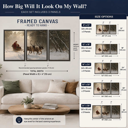 A reindeer team pulling Santa through a quiet snow-covered forest 3 piece framed canvas wall art size guide above a sofa; room view is illustrative