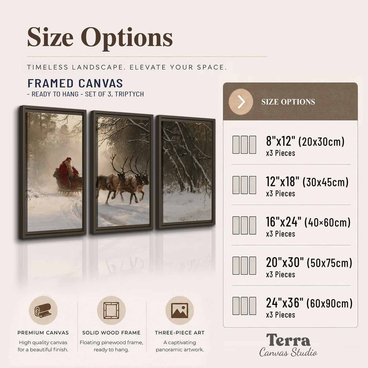 A reindeer team pulling Santa through a quiet snow-covered forest 3 piece framed canvas wall art available dimensions; triptych dimensions are per panel