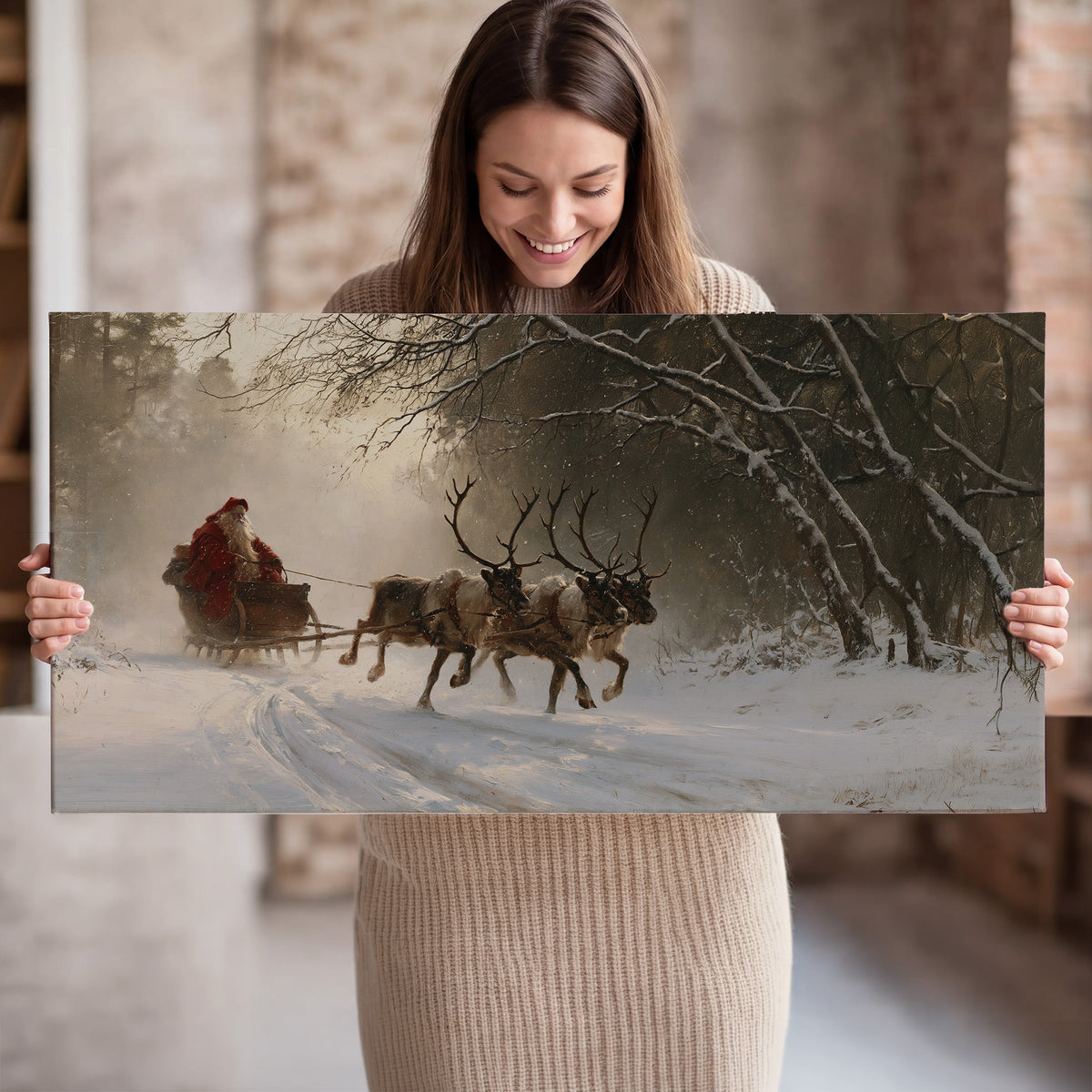 A reindeer team pulling Santa through a quiet snow-covered forest single canvas wall art held in hands