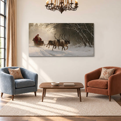 A reindeer team pulling Santa through a quiet snow-covered forest single canvas wall art styled in an interior