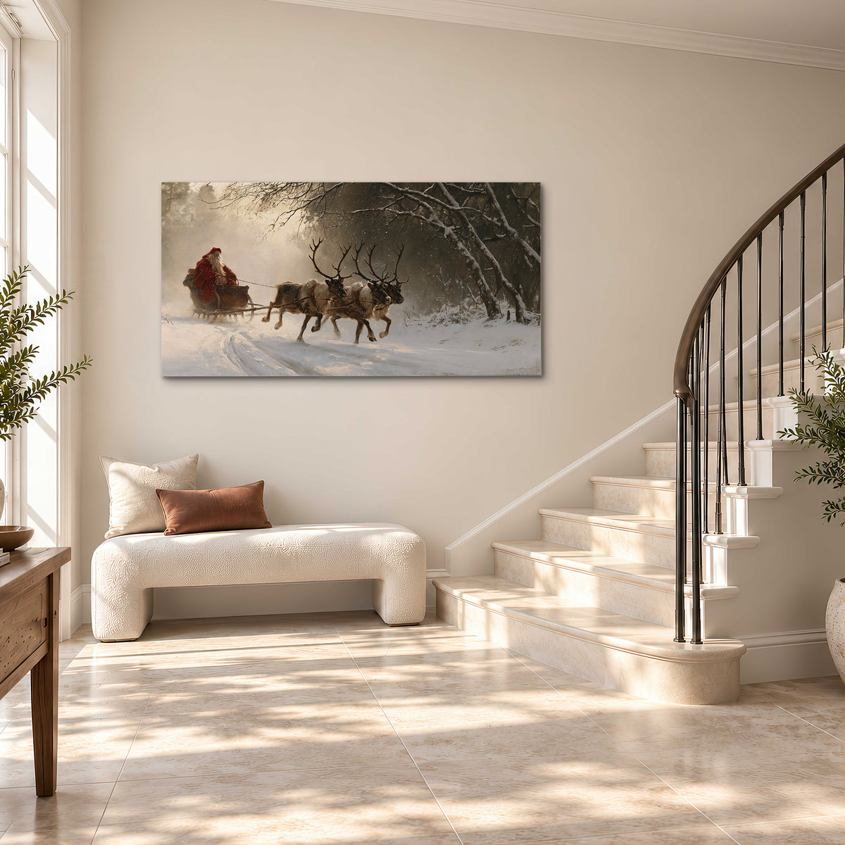 A reindeer team pulling Santa through a quiet snow-covered forest single canvas wall art styled in an interior