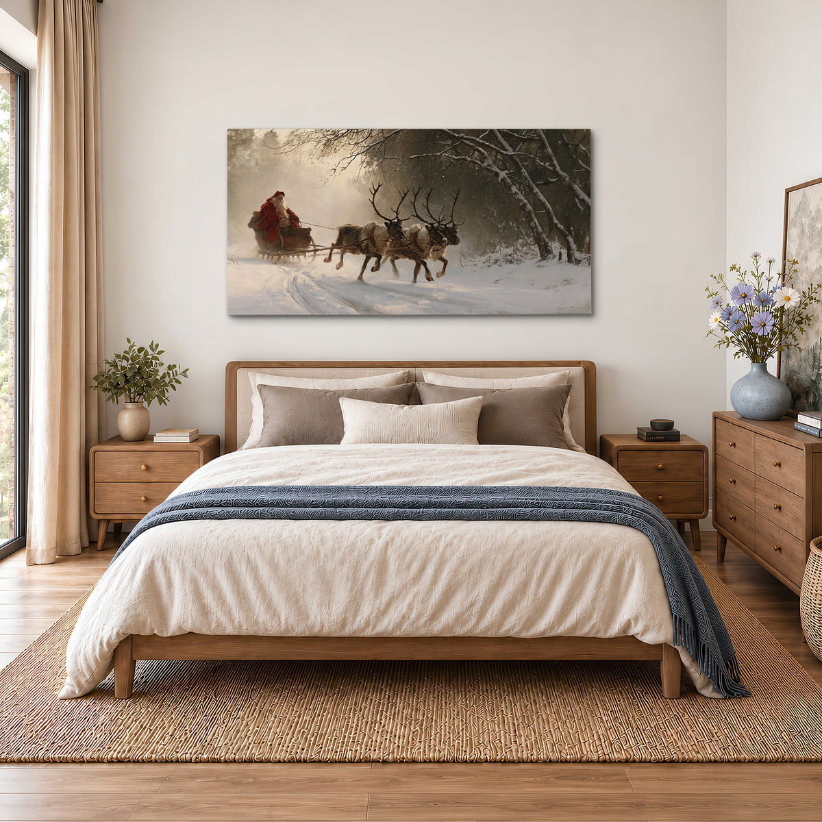 A reindeer team pulling Santa through a quiet snow-covered forest single canvas wall art styled in an interior
