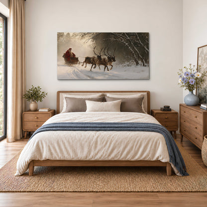 A reindeer team pulling Santa through a quiet snow-covered forest single canvas wall art styled in an interior