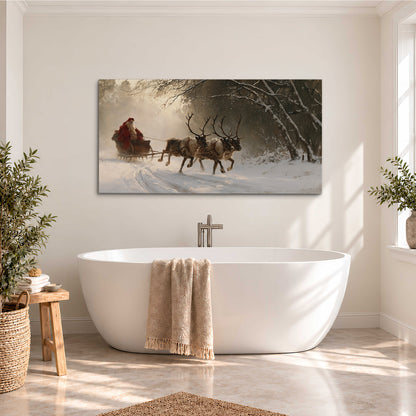 A reindeer team pulling Santa through a quiet snow-covered forest single canvas wall art styled in an interior