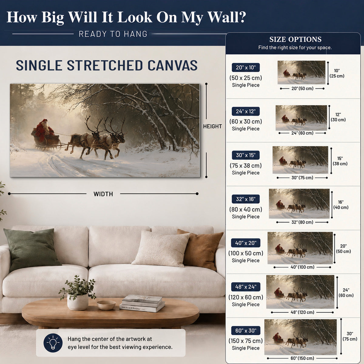 A reindeer team pulling Santa through a quiet snow-covered forest single canvas wall art size guide above a sofa; room view is illustrative