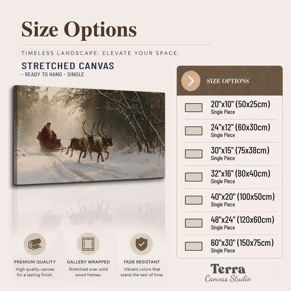 A reindeer team pulling Santa through a quiet snow-covered forest single canvas wall art available dimensions