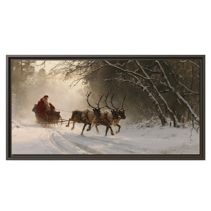 A reindeer team pulling Santa through a quiet snow-covered forest single framed canvas wall art viewed straight on