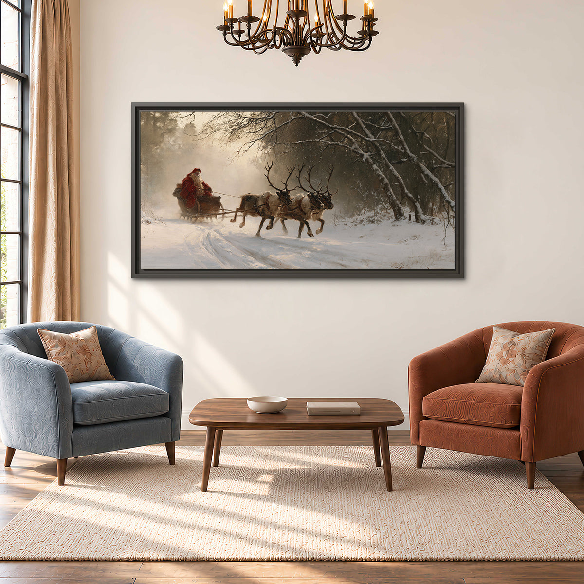 A reindeer team pulling Santa through a quiet snow-covered forest single framed canvas wall art styled in an interior