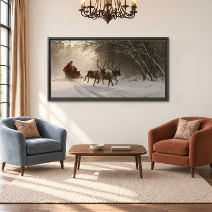 A reindeer team pulling Santa through a quiet snow-covered forest single framed canvas wall art styled in an interior