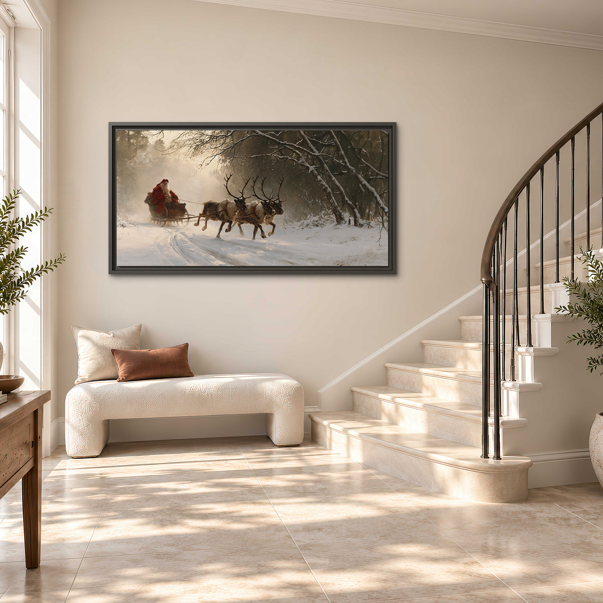 A reindeer team pulling Santa through a quiet snow-covered forest single framed canvas wall art styled in an interior