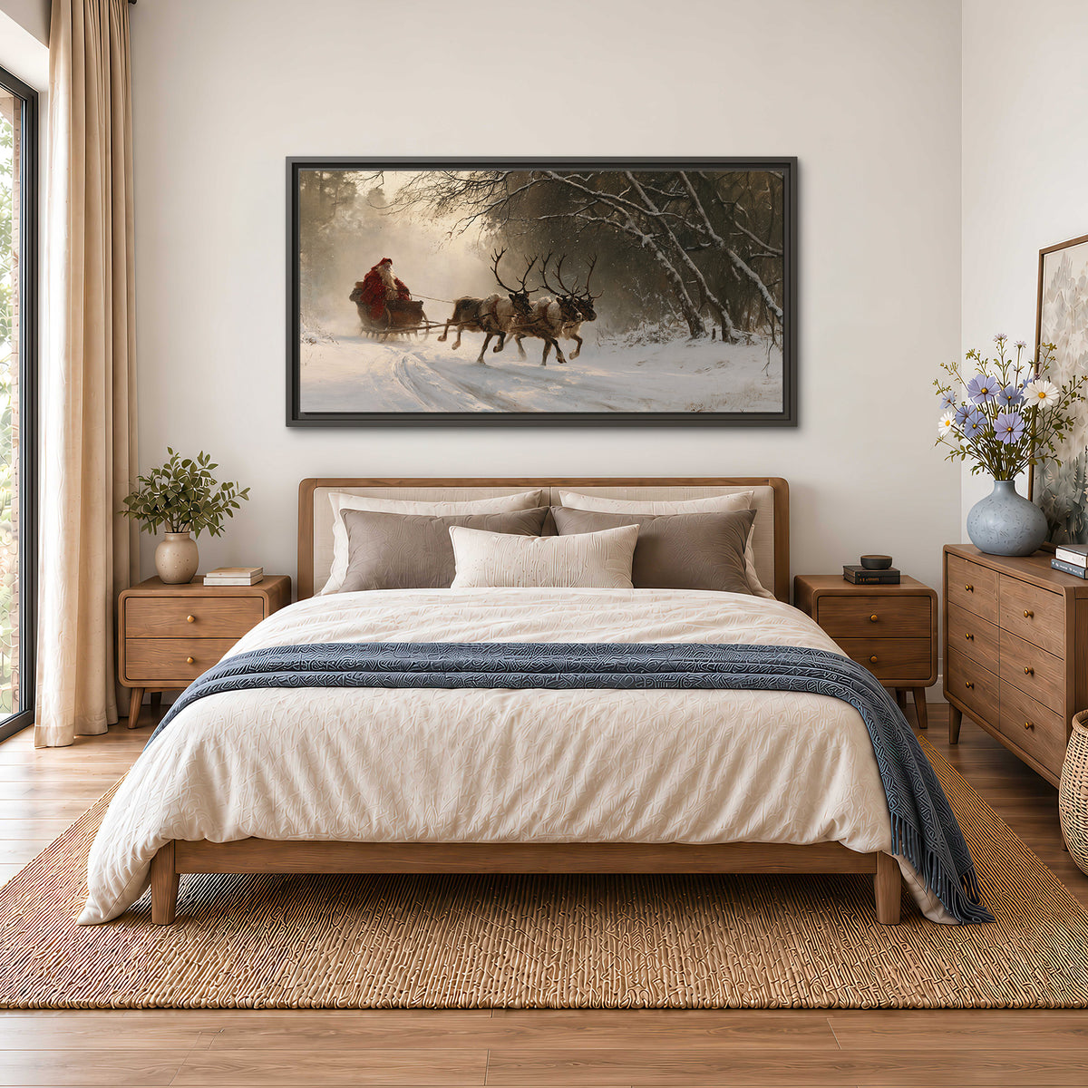 A reindeer team pulling Santa through a quiet snow-covered forest single framed canvas wall art styled in an interior