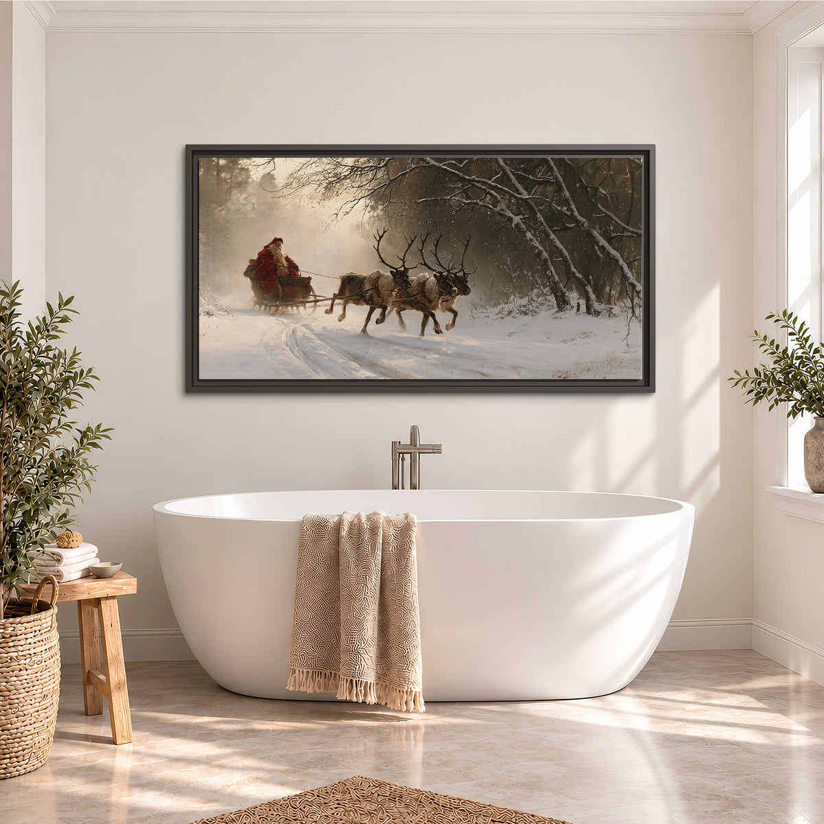 A reindeer team pulling Santa through a quiet snow-covered forest single framed canvas wall art styled in an interior