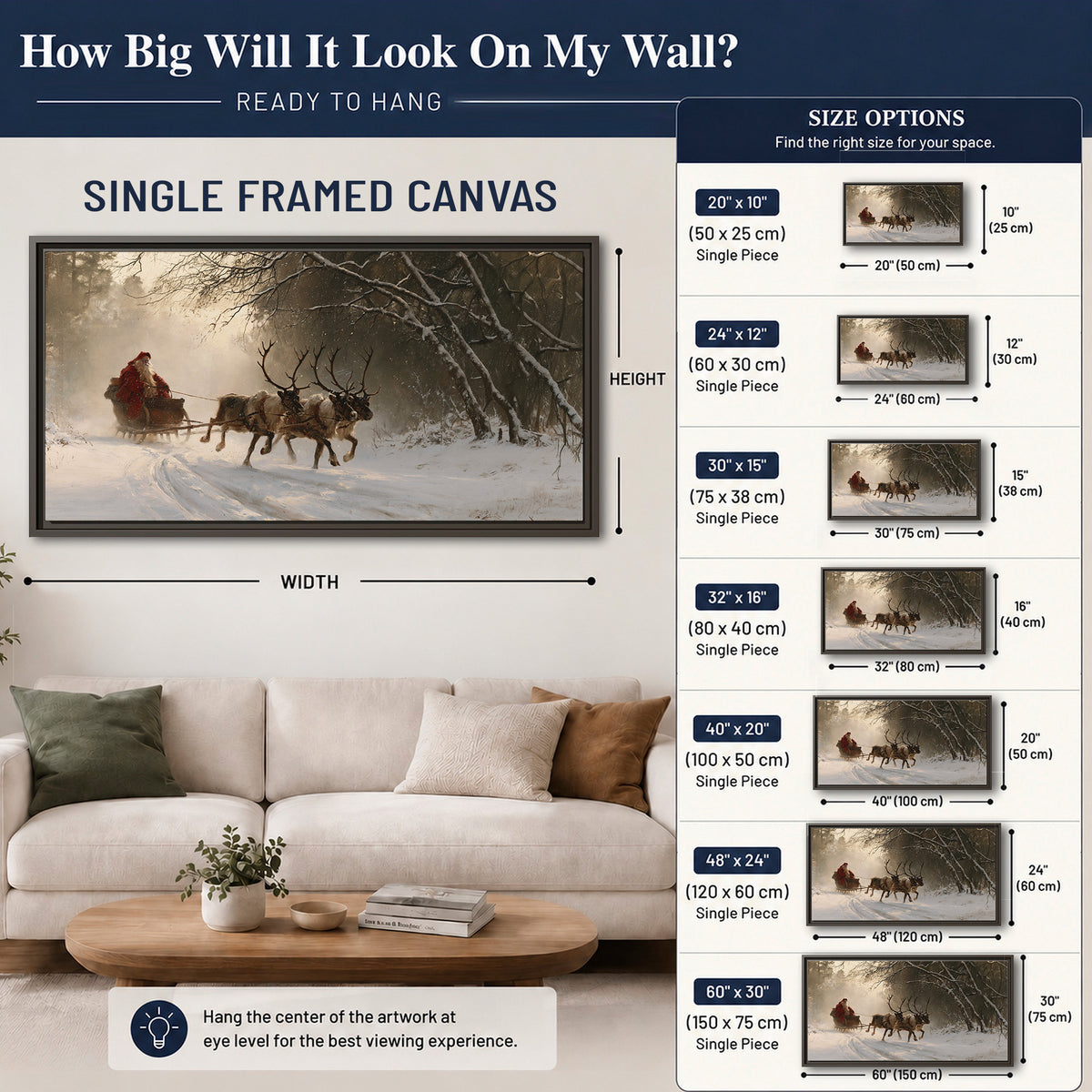 A reindeer team pulling Santa through a quiet snow-covered forest single framed canvas wall art size guide above a sofa; room view is illustrative