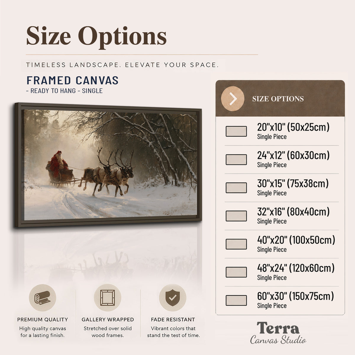 A reindeer team pulling Santa through a quiet snow-covered forest single framed canvas wall art available dimensions