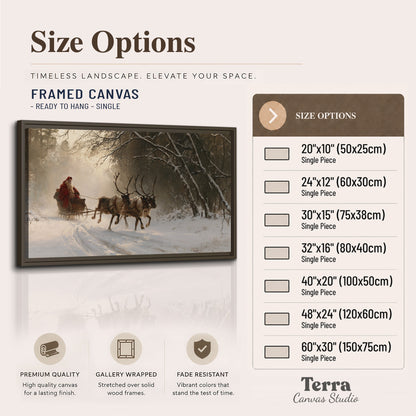 A reindeer team pulling Santa through a quiet snow-covered forest single framed canvas wall art available dimensions