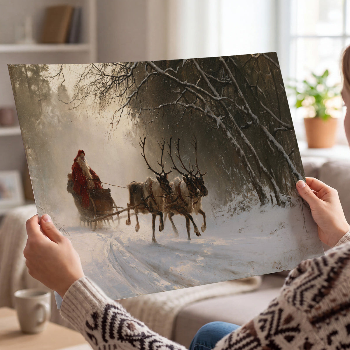 A reindeer team pulling Santa through a quiet snow-covered forest single poster print held in hands