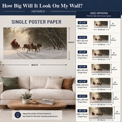 A reindeer team pulling Santa through a quiet snow-covered forest single poster print size guide above a sofa; room view is illustrative