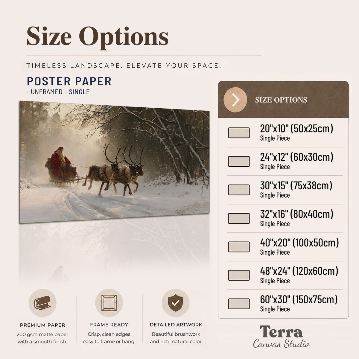 A reindeer team pulling Santa through a quiet snow-covered forest single poster print available dimensions