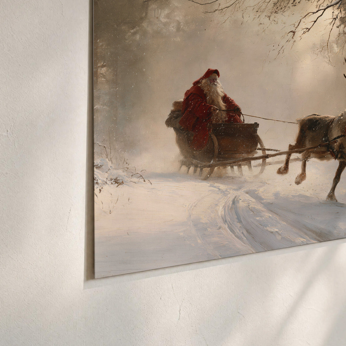 A reindeer team pulling Santa through a quiet snow-covered forest set of 3 poster prints material and edge close up