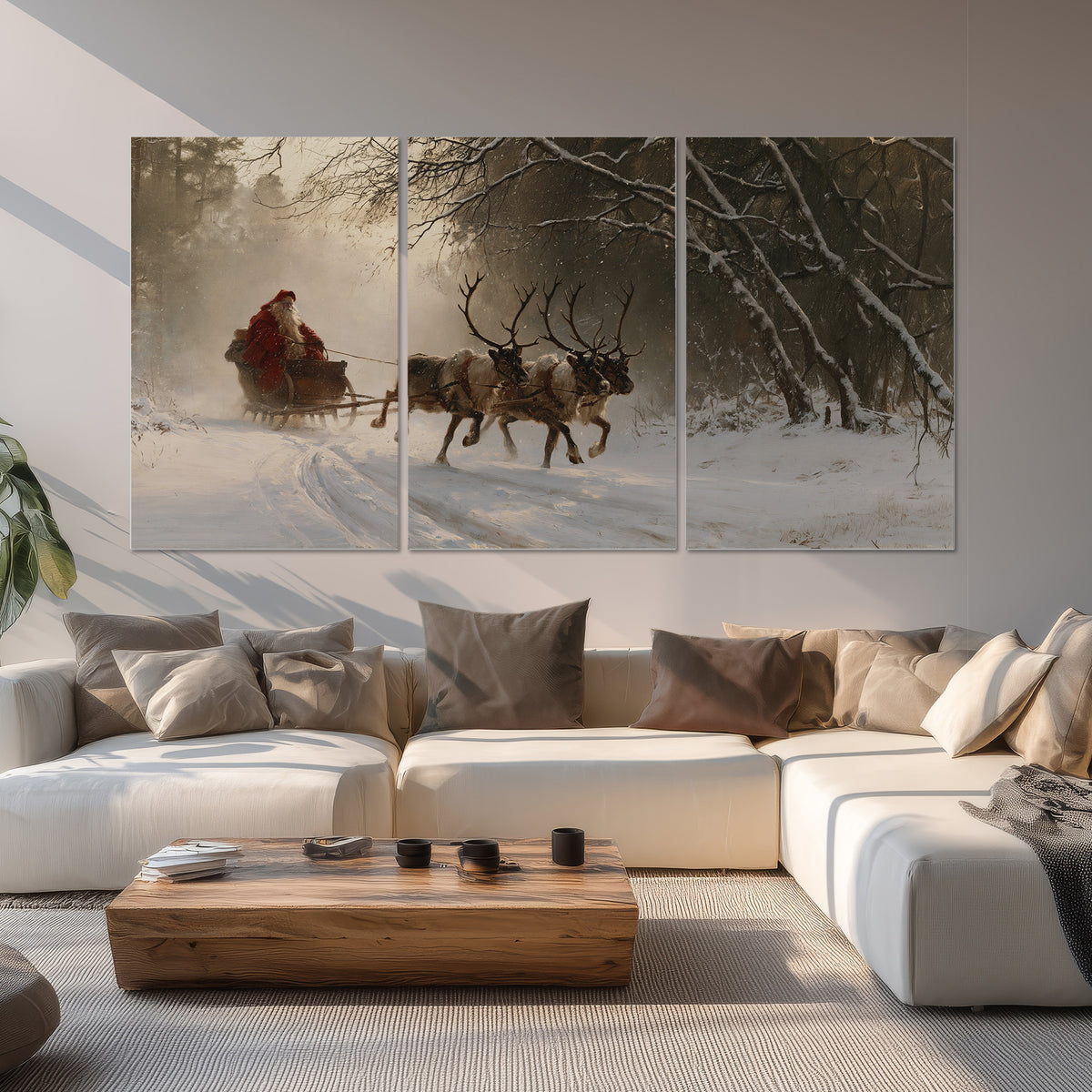 A reindeer team pulling Santa through a quiet snow-covered forest set of 3 poster prints displayed in a living room