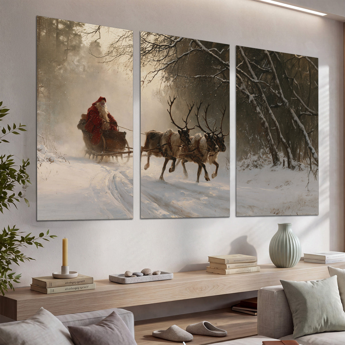 A reindeer team pulling Santa through a quiet snow-covered forest set of 3 poster prints displayed in a console
