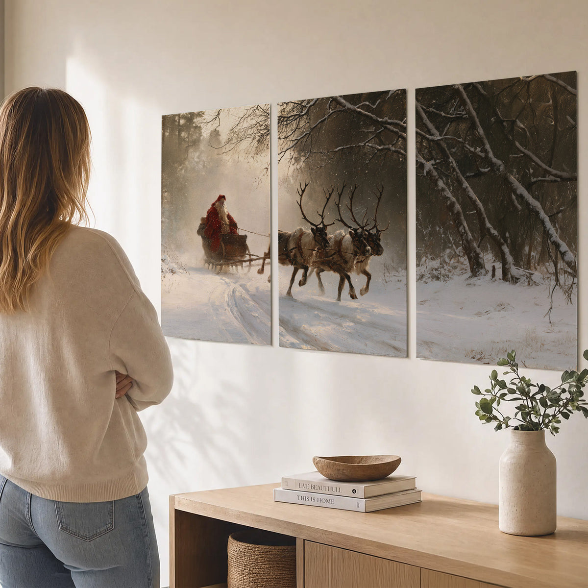 A reindeer team pulling Santa through a quiet snow-covered forest set of 3 poster prints three panel arrangement on a wall