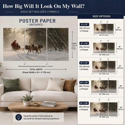 A reindeer team pulling Santa through a quiet snow-covered forest set of 3 poster prints size guide above a sofa; room view is illustrative