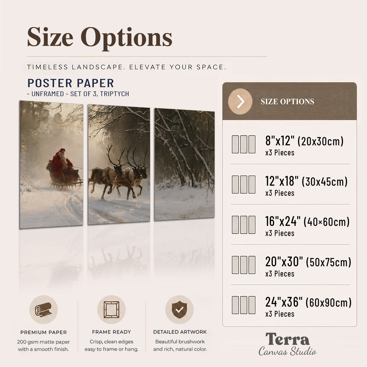 A reindeer team pulling Santa through a quiet snow-covered forest set of 3 poster prints available dimensions; triptych dimensions are per panel
