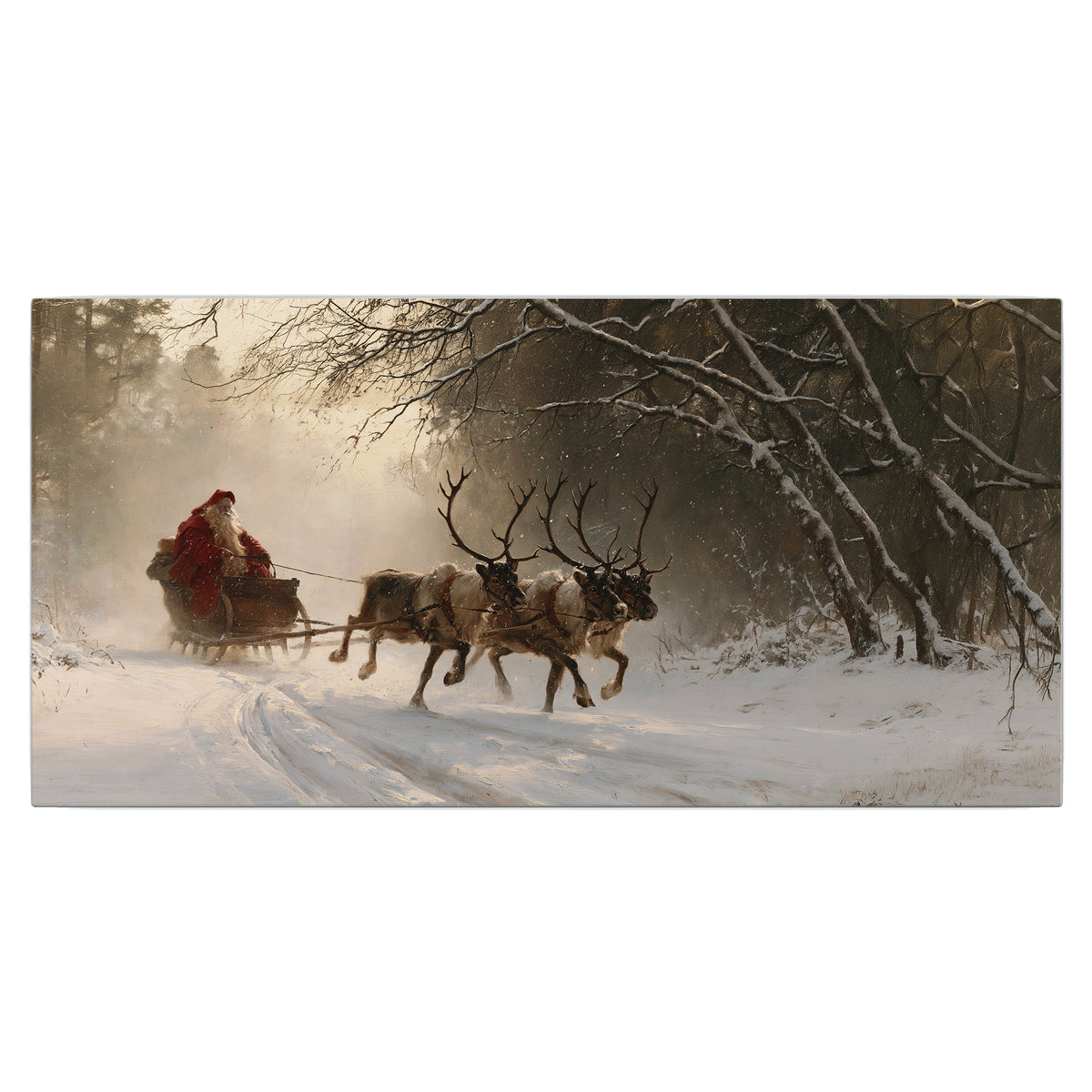 A reindeer team pulling Santa through a quiet snow-covered forest single canvas wall art viewed straight on