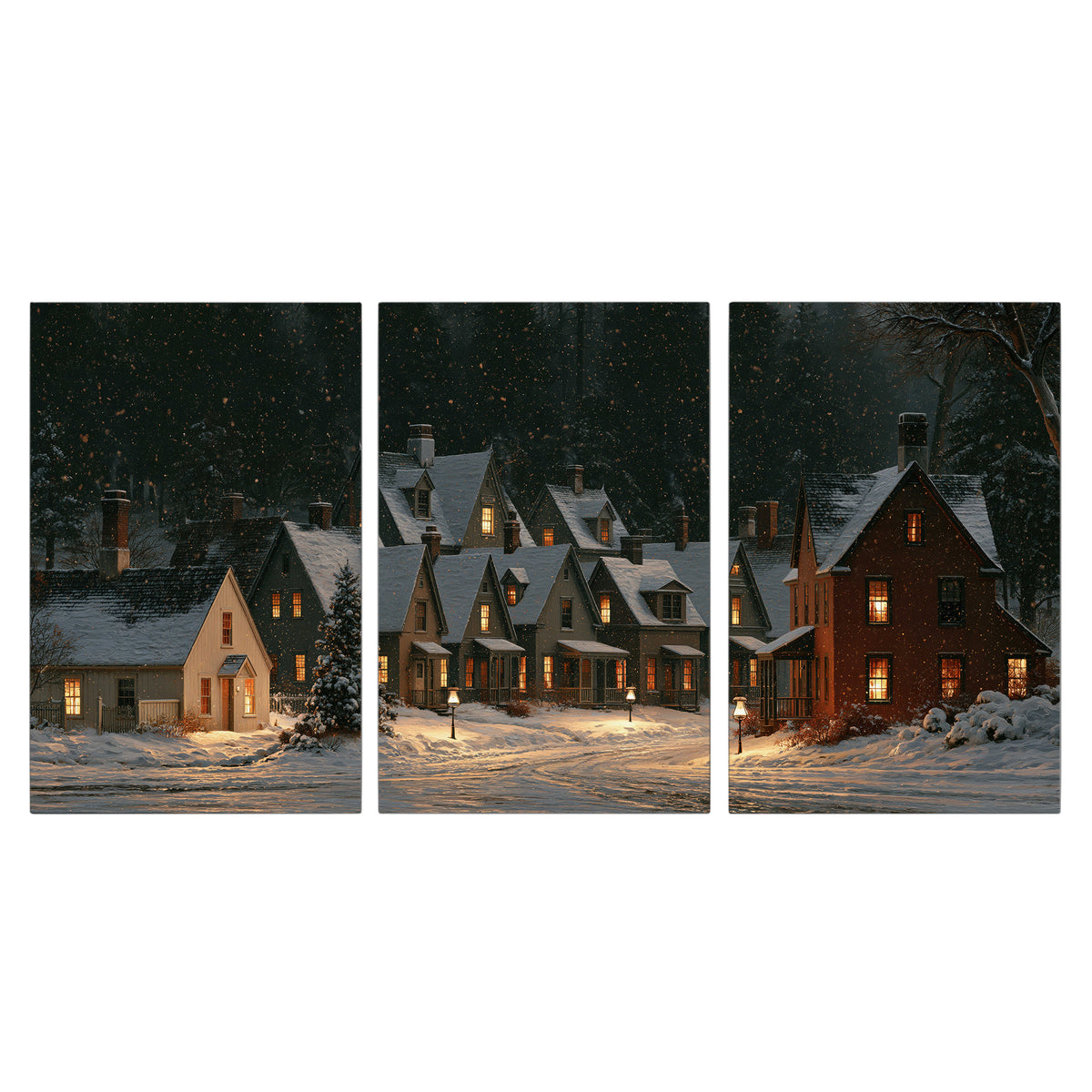 Snow-covered village cottages with glowing windows beneath a dark evergreen forest 3 piece canvas wall art viewed straight on