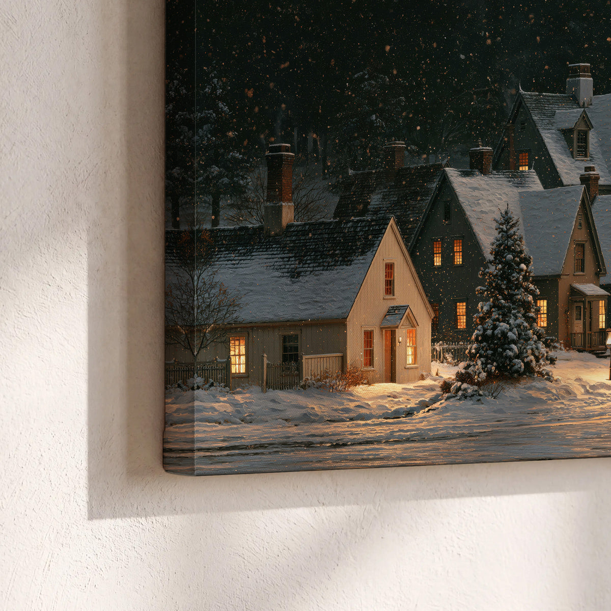 Snow-covered village cottages with glowing windows beneath a dark evergreen forest 3 piece canvas wall art material and edge close up