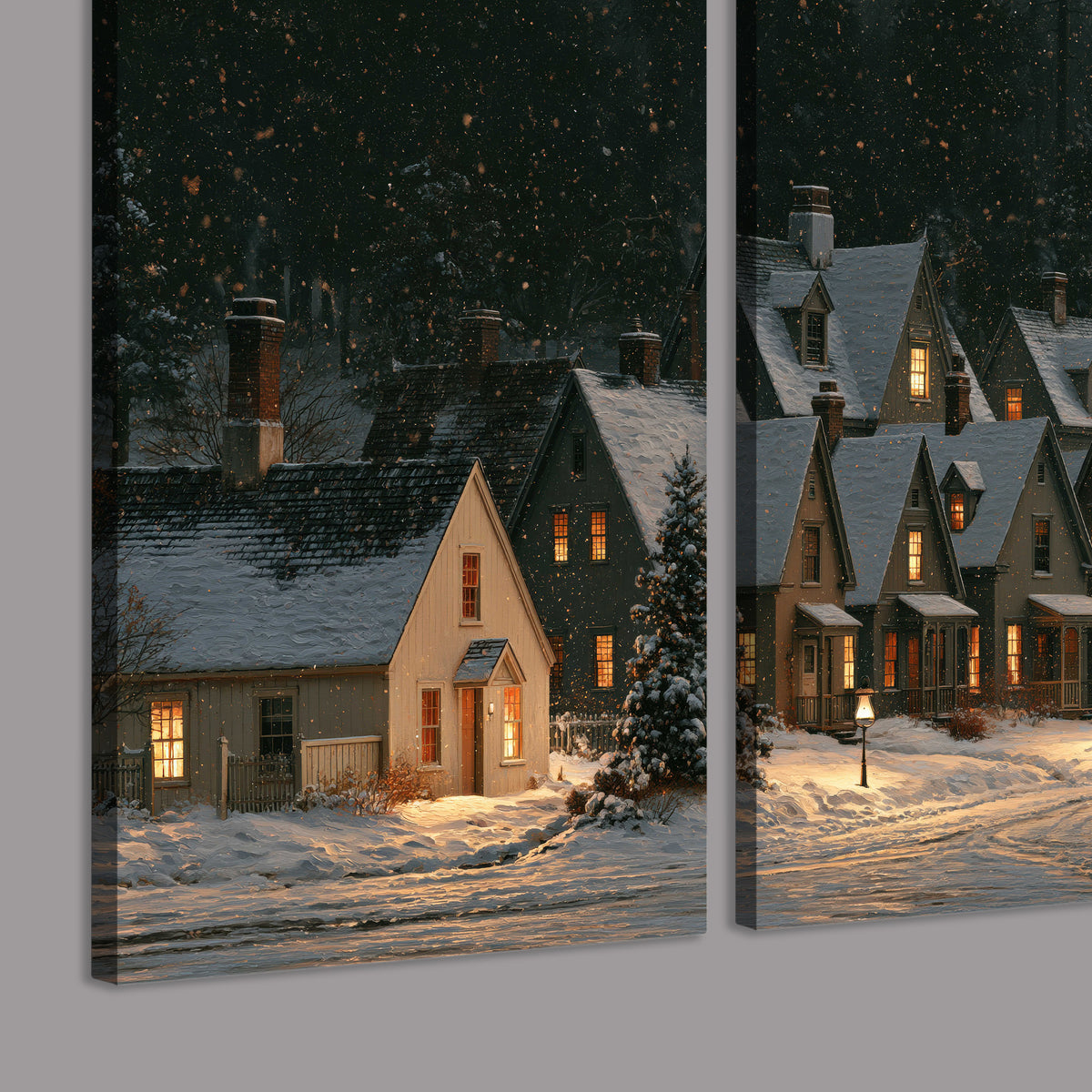 Snow-covered village cottages with glowing windows beneath a dark evergreen forest 3 piece canvas wall art room and product view
