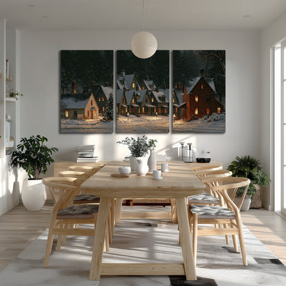 Snow-covered village cottages with glowing windows beneath a dark evergreen forest 3 piece canvas wall art room and product view