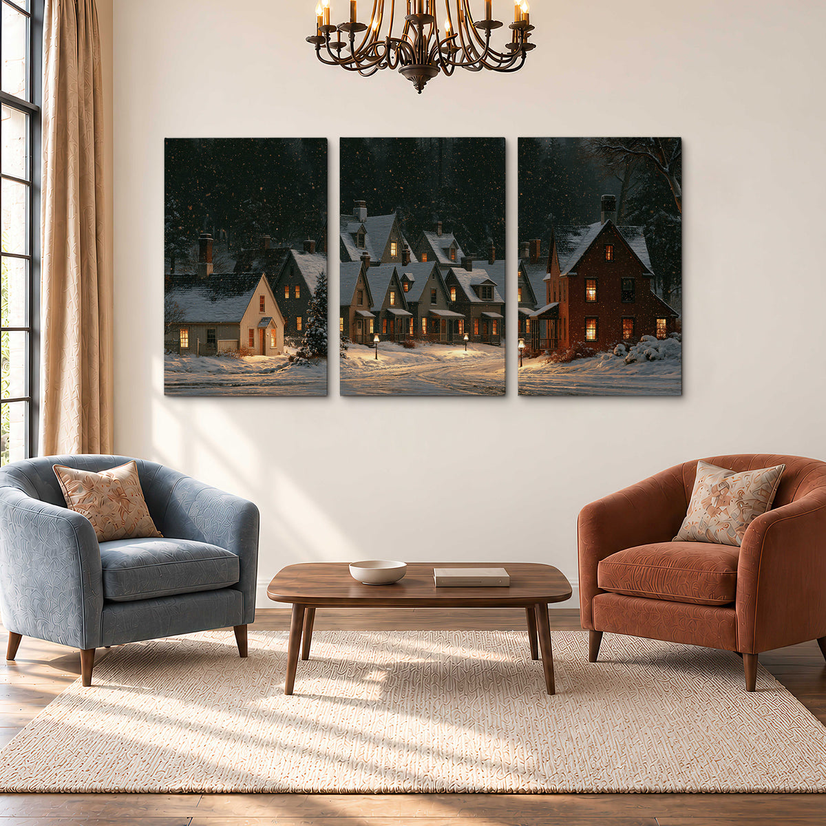 Snow-covered village cottages with glowing windows beneath a dark evergreen forest 3 piece canvas wall art styled in an interior