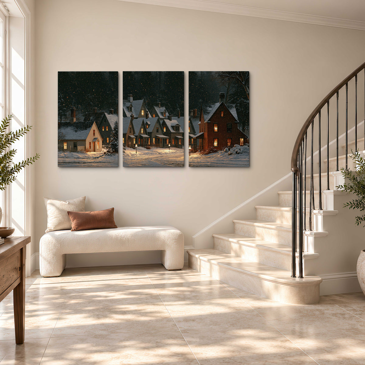 Snow-covered village cottages with glowing windows beneath a dark evergreen forest 3 piece canvas wall art styled in an interior