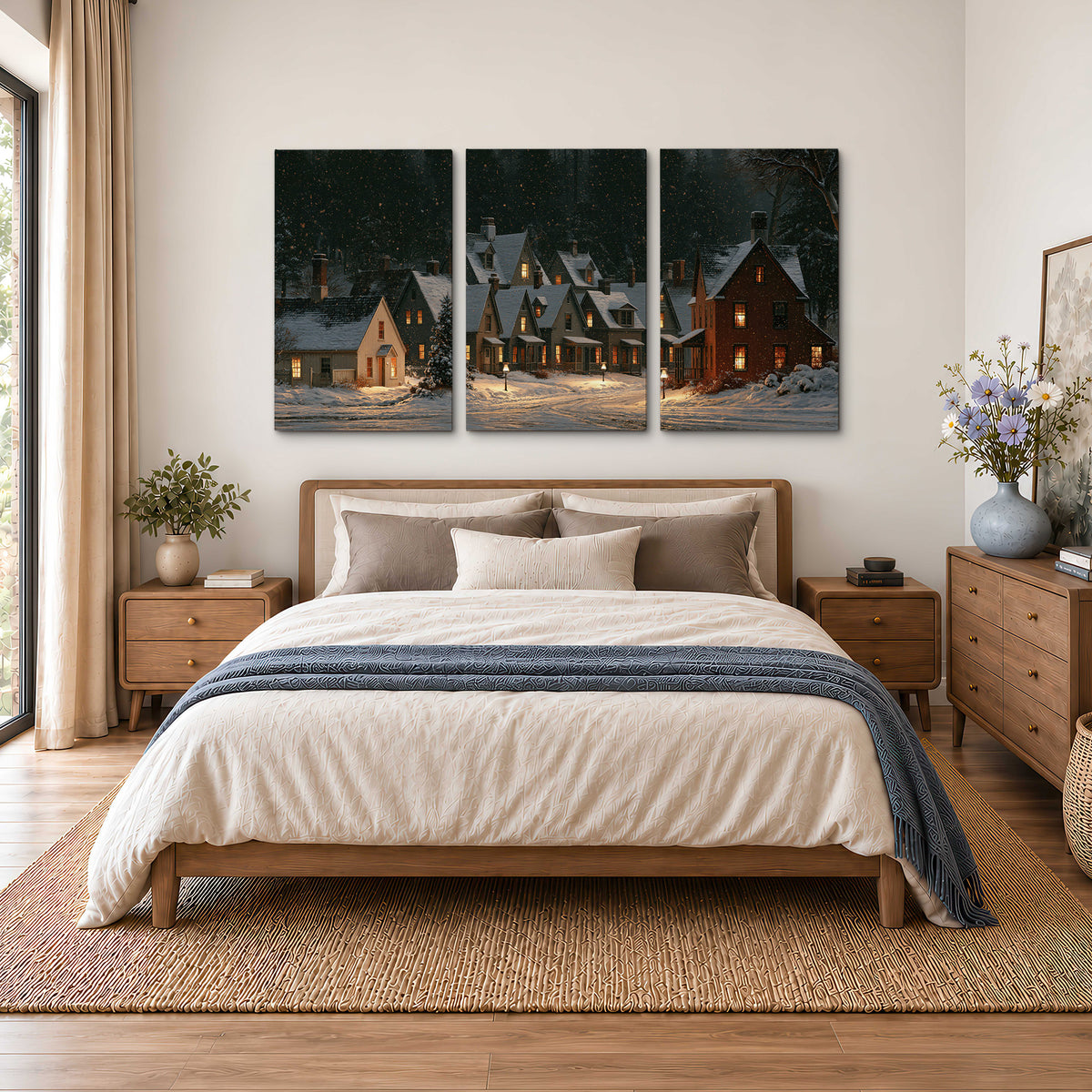 Snow-covered village cottages with glowing windows beneath a dark evergreen forest 3 piece canvas wall art styled in an interior