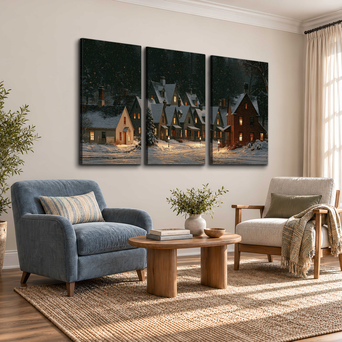 Snow-covered village cottages with glowing windows beneath a dark evergreen forest 3 piece canvas wall art styled in an interior