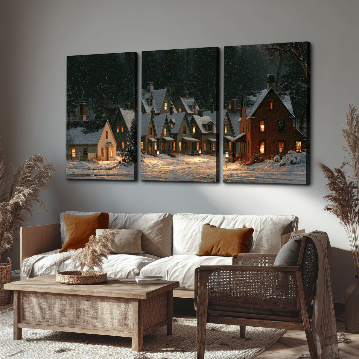 Snow-covered village cottages with glowing windows beneath a dark evergreen forest 3 piece canvas wall art displayed in a rustic living room