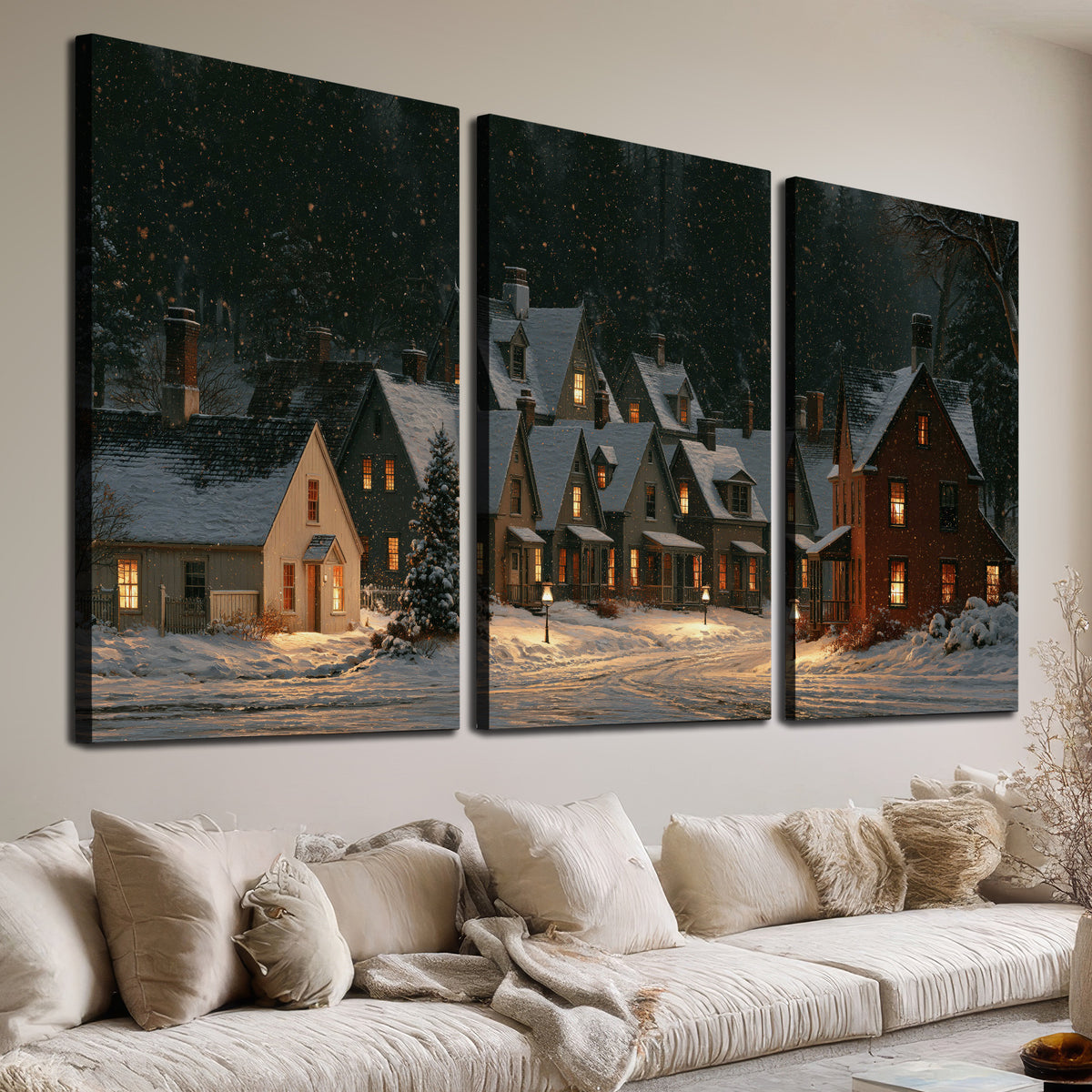 Snow-covered village cottages with glowing windows beneath a dark evergreen forest 3 piece canvas wall art room and product view