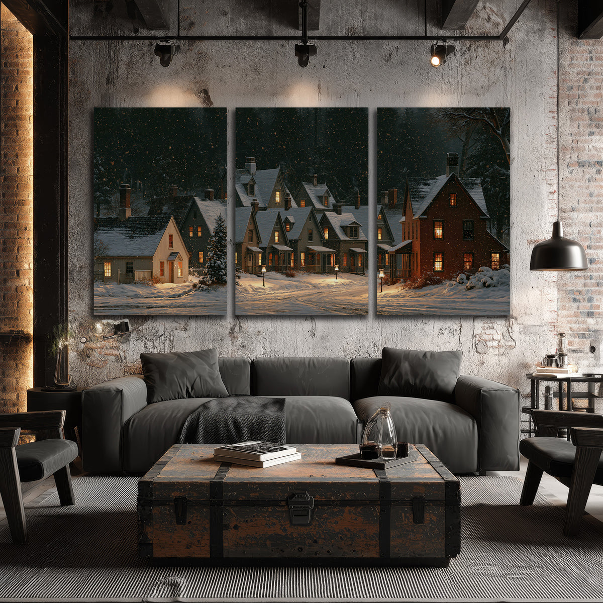 Snow-covered village cottages with glowing windows beneath a dark evergreen forest 3 piece canvas wall art displayed in a industrial room