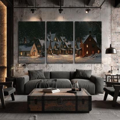 Snow-covered village cottages with glowing windows beneath a dark evergreen forest 3 piece canvas wall art displayed in a industrial room
