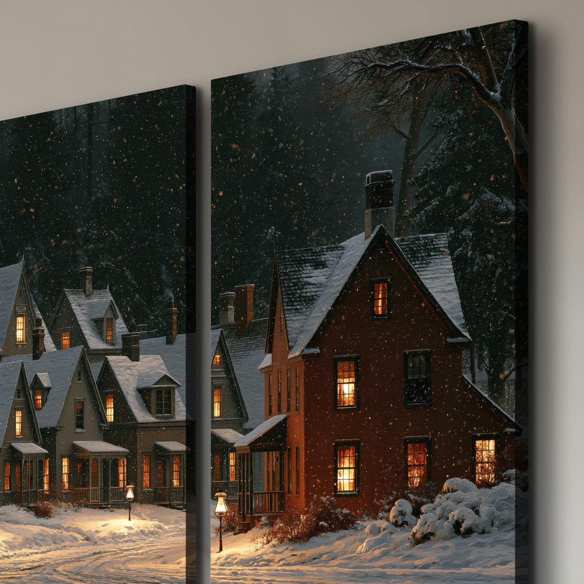 Snow-covered village cottages with glowing windows beneath a dark evergreen forest 3 piece canvas wall art room and product view