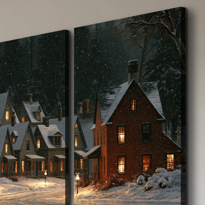 Snow-covered village cottages with glowing windows beneath a dark evergreen forest 3 piece canvas wall art room and product view